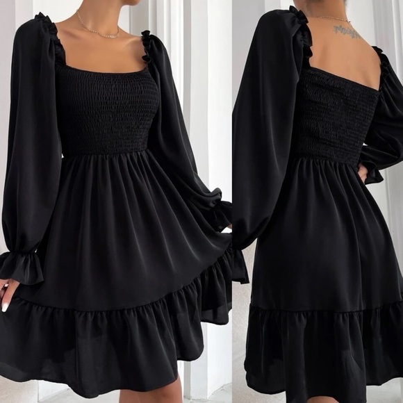 Shirred bust square neck long sleeve mini dress ruffle boho gypsy cream - Picture 11 of 11